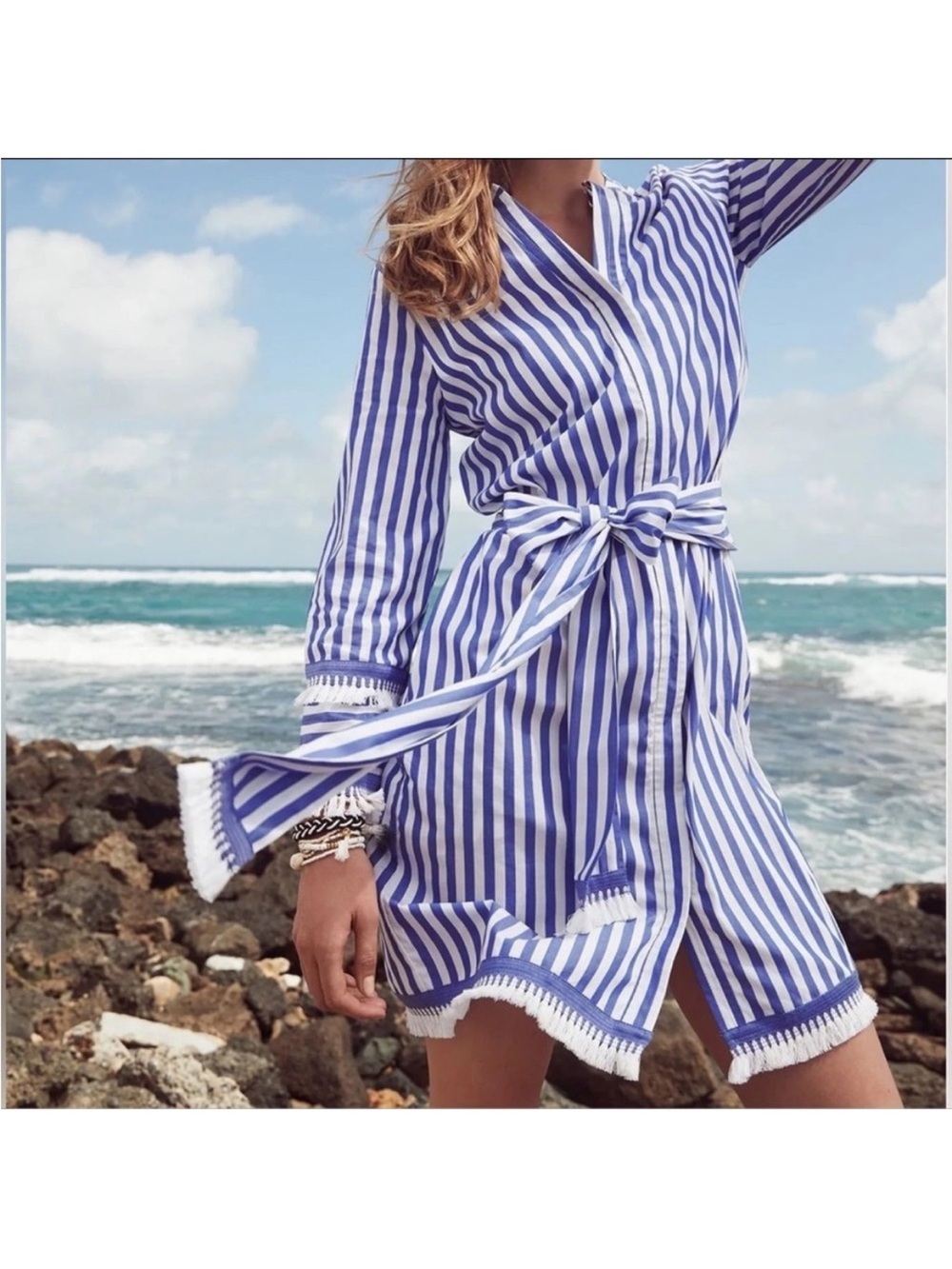 J. Crew Blue & White Vertical Stripe Tie-Waist Coverup with Fringe